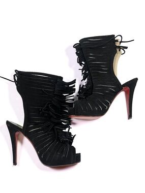 Christian Louboutin Black Suede Fringe Peep-Toe High Heels